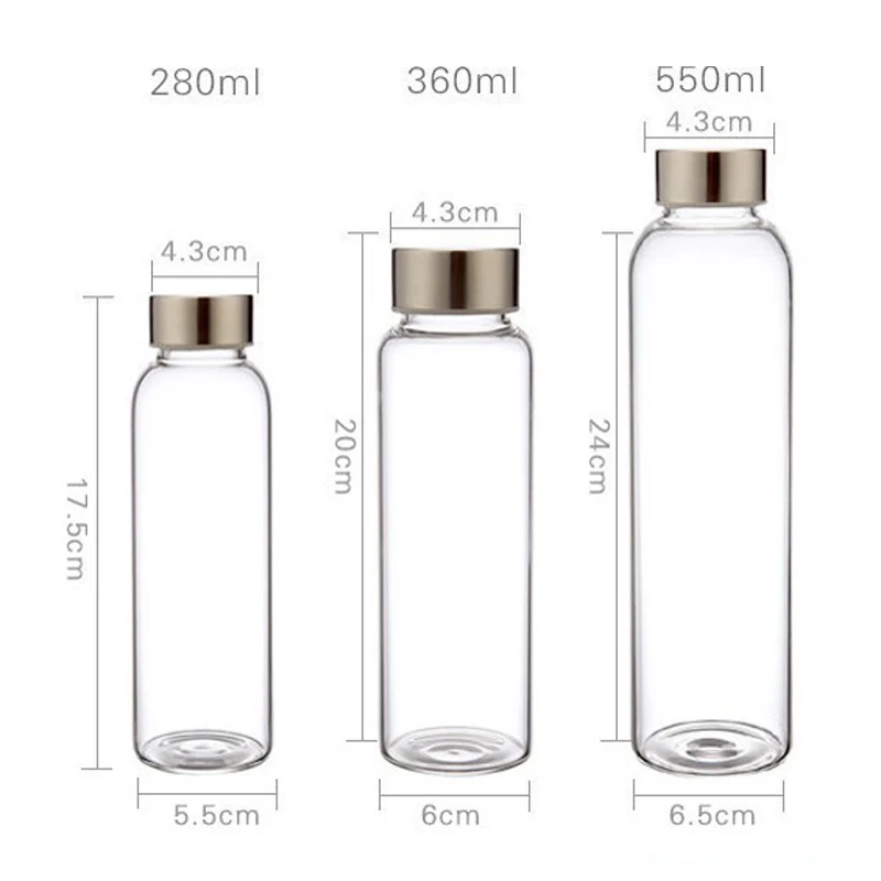 UPORS Glass Water Bottle 280ml/360ml/550ml Sport Bottle with Stainless Steel Lid and Protective Bag BPA Free Travel Drink Bottle