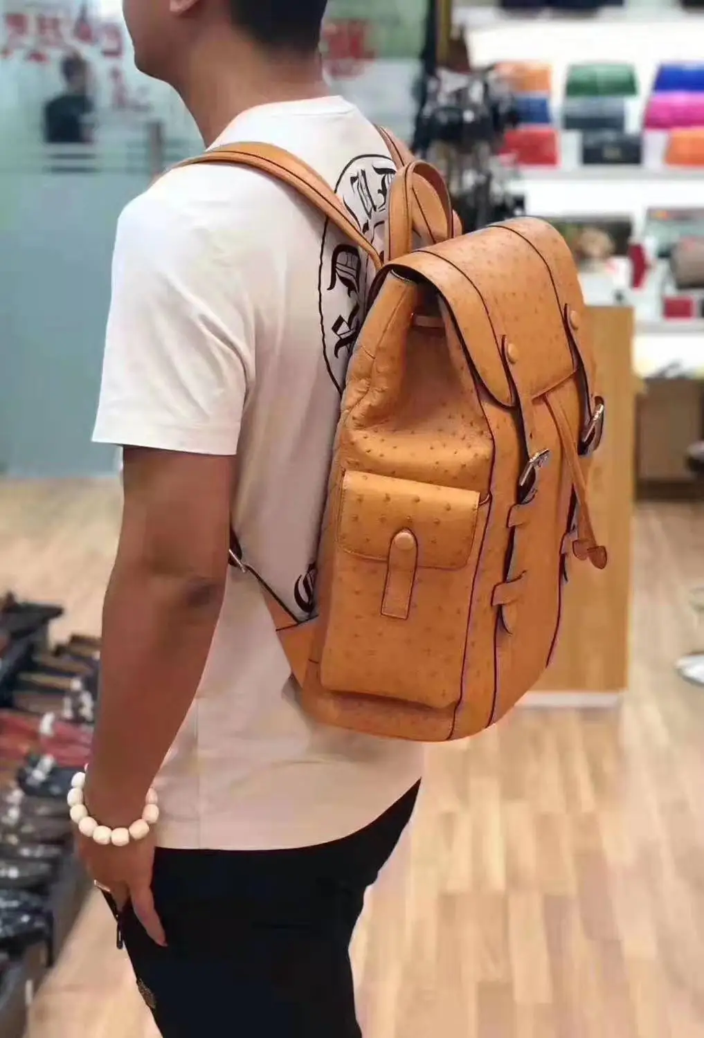 Newly 100% luxury quality genuine real ostrich leather skin fashion travel outside daily backpack bag orange blue brown color