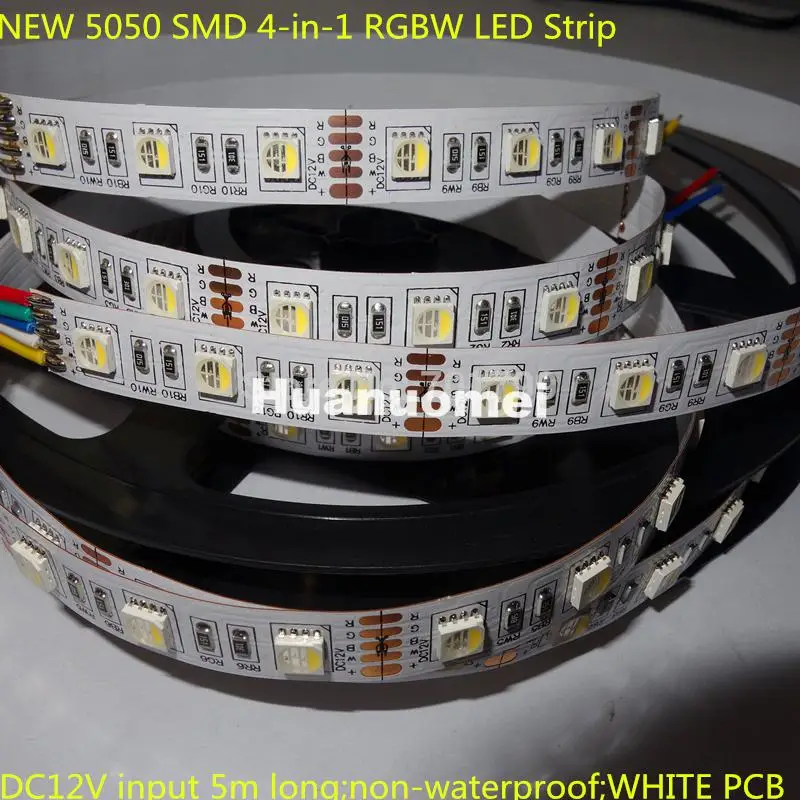 

NEW 5050 SMD 4-in-1 RGBW(6500K) LED Strip;60leds/m;DC12V input 5m long;non-waterproof;WHITE PCB