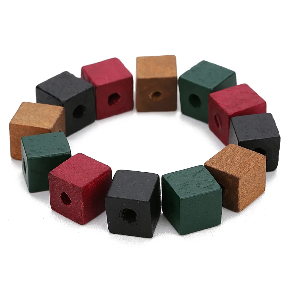 New 50pcs 12mm 14mm Red Green Black Color Natural Wood Beads Square Shape Spacer Wood Beads for DIY Craft Jewelry Findings