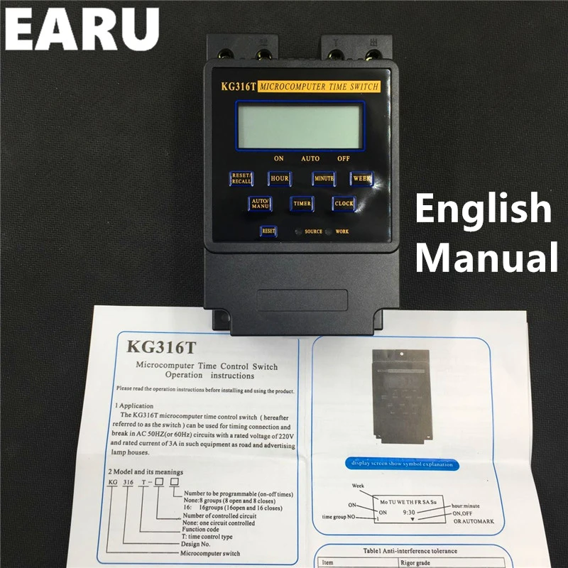 KG316T 25A Din Rail Digital Intelligent Microcomputer Programmable Electronic Timer Time Switch Relay Controller AC 220V 380V