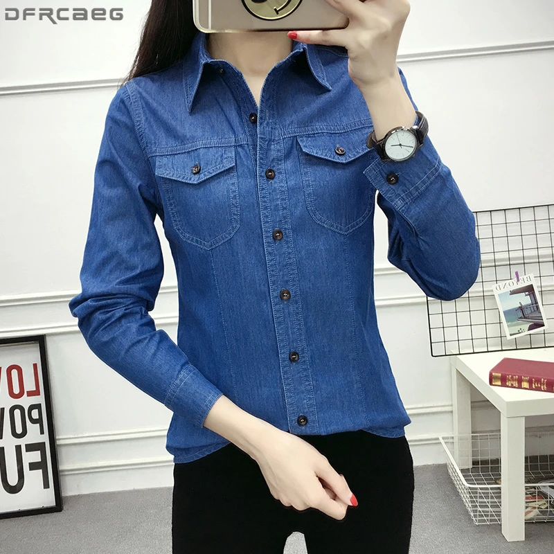 Autumn Long Sleeve Denim Shirts Women Casual Streetwear Pockets Button Up Slim Ladies Tops Cotton Vintage Jean Blouses Sky Blue