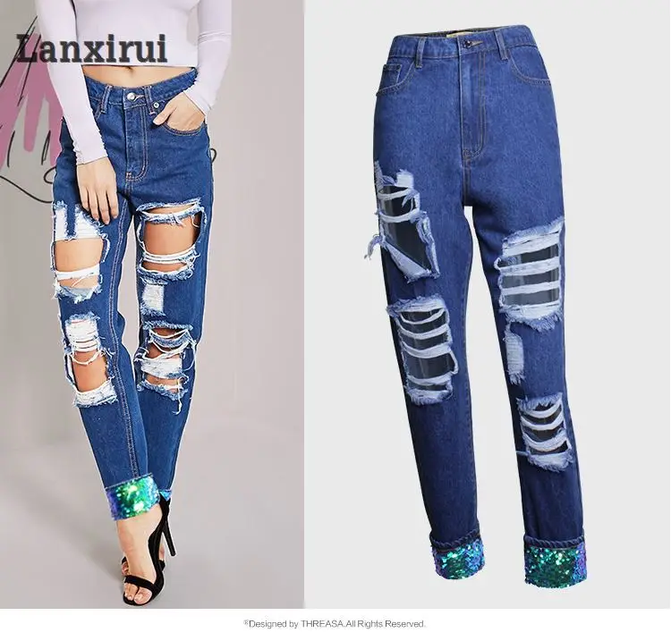 New Arrivals Women High Waisted Jeans Ripped Denim Pants Trousers Sequins Spliced Boyfrien Jeans Calca Jeans