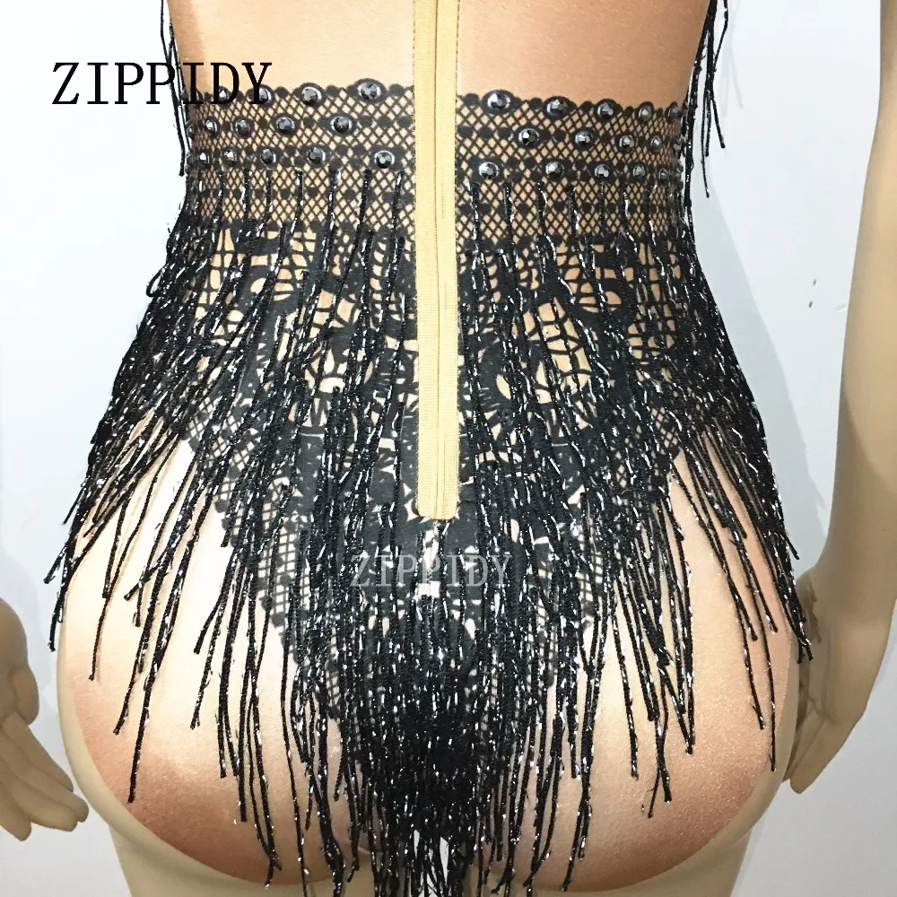 Bersinar Hitam Rumbai Berlian Imitasi Berkilau Batu Bodysuit Nigthclub Penyanyi Pakaian One-Piece Kostum Panggung Acara Leotard Bulang