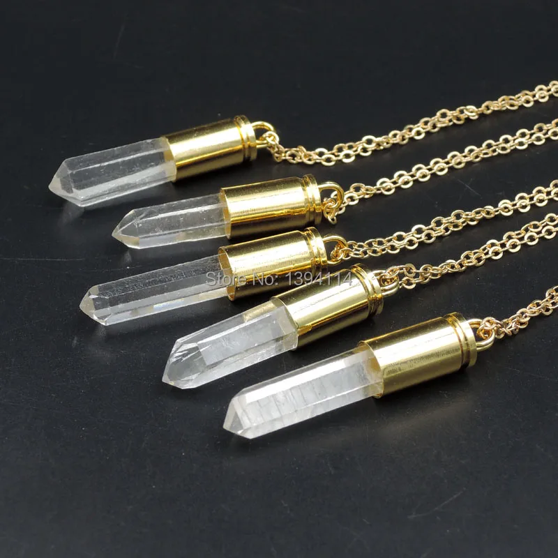 Natural Clear Quartz Pillar Point Pendant Necklace Glued Brass Cartridge Case Gold Plated Approx 45*10mm