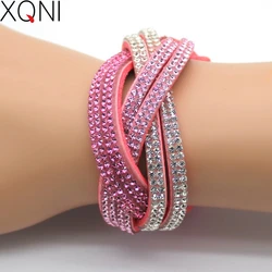 XQNI Brand Handmade Crystal Leather Bracelets Women Bangles Trendy Brand Pink Rhinestone Braided Charm Bracelets Jewelry