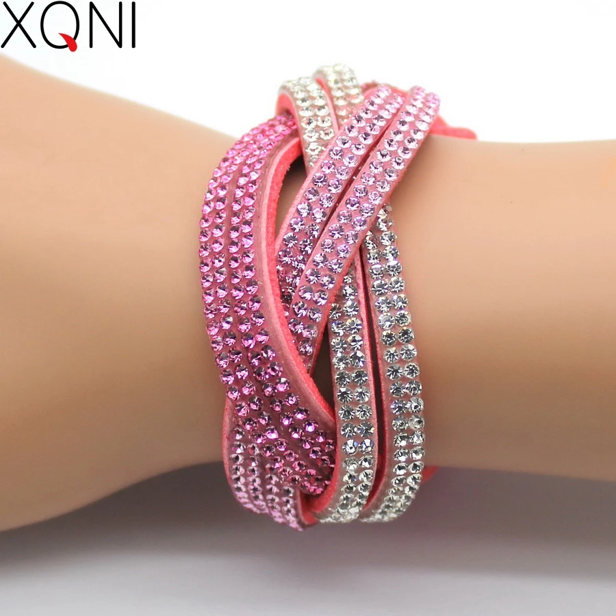 XQNI marka ręcznie robione kryształowe skórzane bransoletki damskie bransoletki modna marka różowy Rhinestone pleciony Charm bransoletki biżuteria