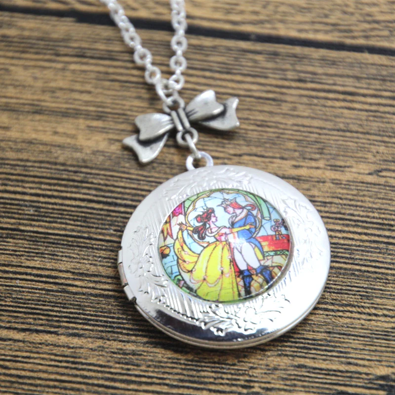 

12pcs/Lot Beauty and the Beast Stained Glass Locket Necklace Silver Tone She Warned Him Not To Be Deceived...