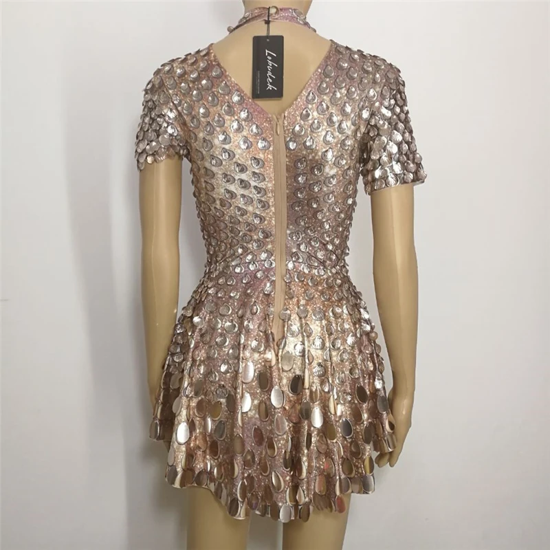 Shining Shells Sequins Short Fish-Scale Mirrors Mini Dress Lady Bar Nightclub DJ Singer DS Stage Performance Dance Outfit