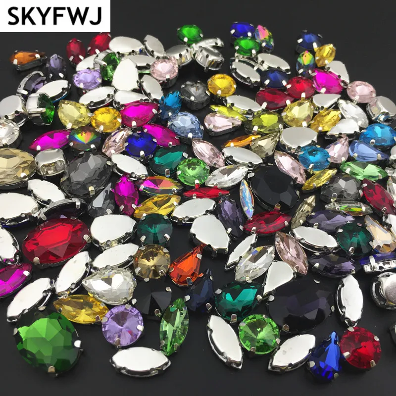 Mix Color Shapes Sew On Rhinestone Glass Crystal with Siver Claw Setting Strass DIY Wedding Dress Bags Decoration
