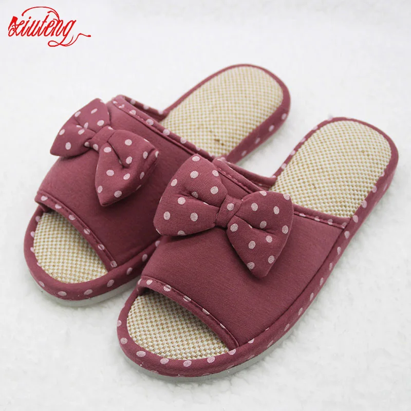 Xiuteng Candy color Warm Home Slippers Women Bedroom Winter Slippers Cartoon Bowtie Indoor Slippers Cotton Floor Home Flax Shoes