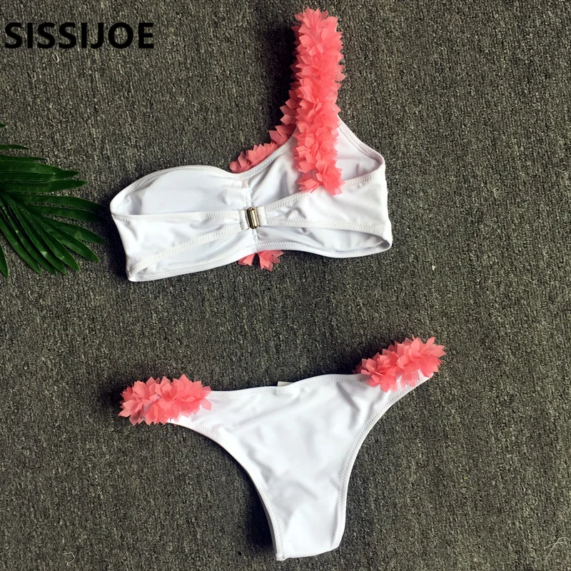 SISSIJOE 3D flower one shoulder bikini set Padded two-piece white swimwear women Vintage summer beach swimsuit biquini