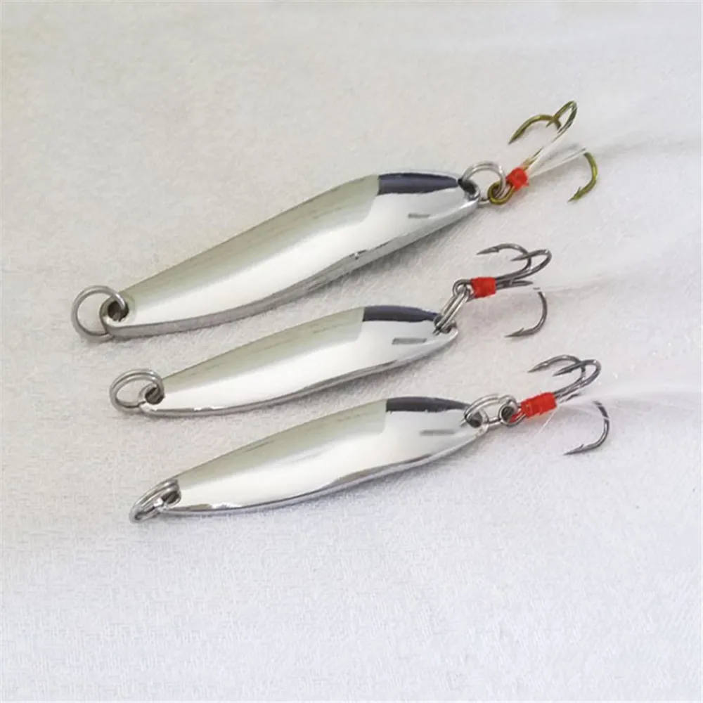 1pcs 금속 장식 조각 낚시 미끼 5g/7g/10g/18g/21g 슬리버 스푼 스피너 깃털 낚시 태클과 하드 미끼 트레블 후크