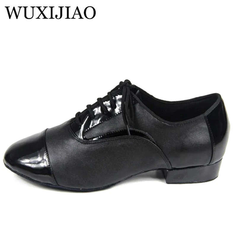 WUXIJIAO Black Genuine leather Modern Latin dance shoes soft outsole Men\'s Ballroom dancing shoes Party Square dance shoes