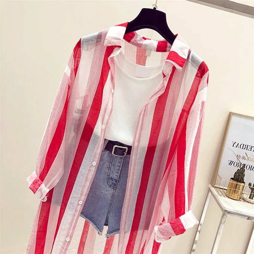 2020 Mode Zomer Losse Vrouwen Rood Gestreepte Vest Blouses Vrouwelijke Midi Lange Lady Dunne Zon Kleding Strand Shirts 499