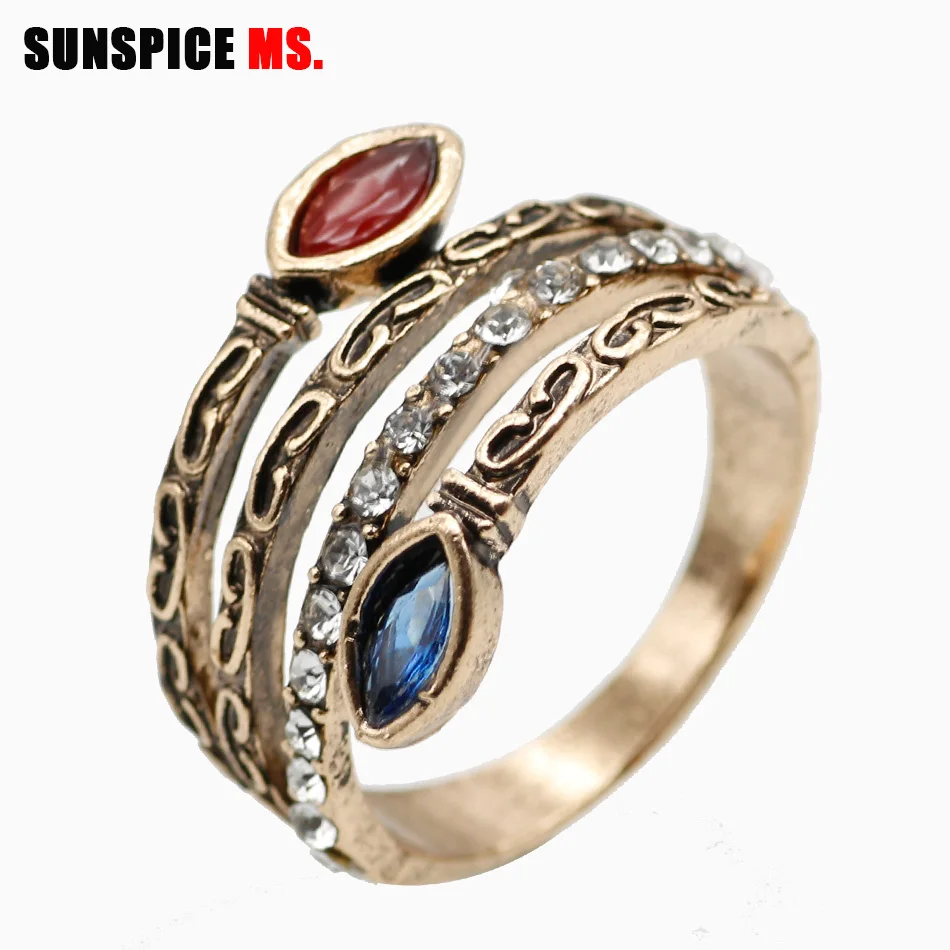 SUNSPICE MS Natural Stone Vintage Ring Sets Bohemia Women Ethnic Wedding Jewelry Antique Gold Color Slender Rings Turkish Brand