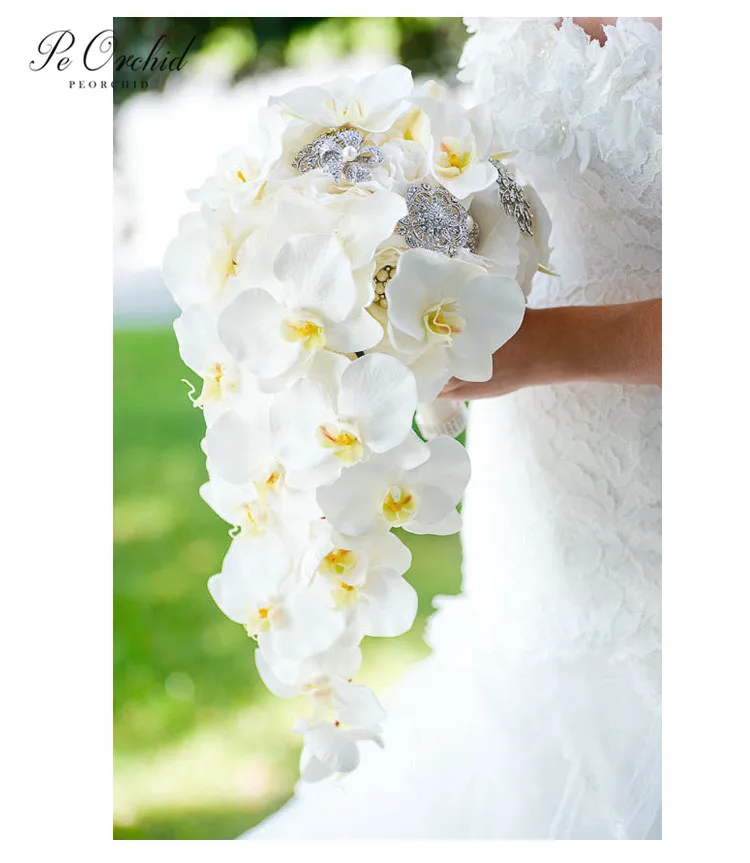 PEORCHID-Bouquet de Patients en Clip Bling, Broches, Jaune Ivoire, Phalaenopsis Rose, Perles de Luxe, Bijoux Cascade, Bouquet de Mariage