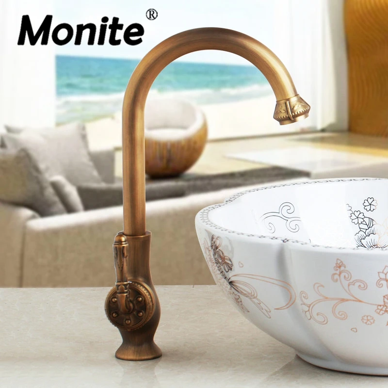 Monite Roatated Antique Brass Kitchen Sink Swivel Bathroom Faucet Mixer Tap Brass Basin Mixer Tap Faucet Vintage Engraved Handle