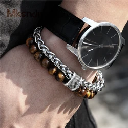 MKENDN New Arrival Stainless steel Men Women Tiger eyes Bead Bracelet Cuban Link Chain Mantra Prayer Beads Buddha Bracelet