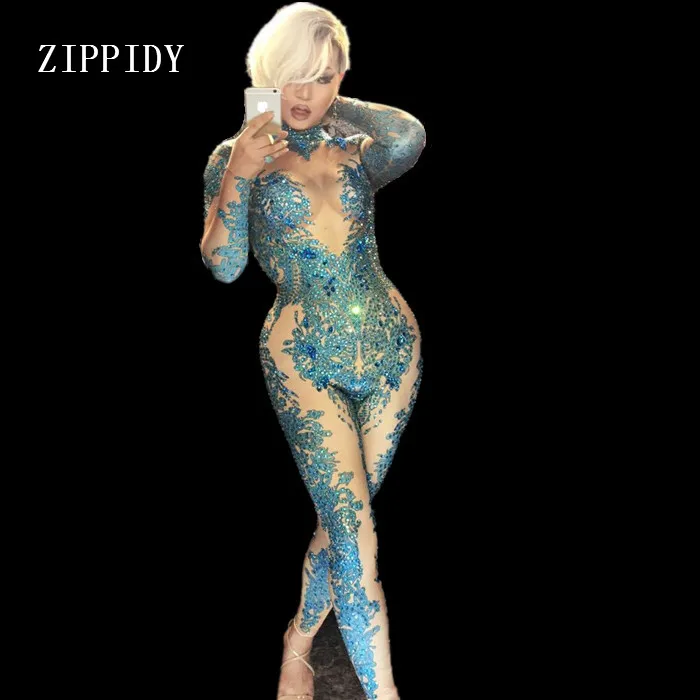 Rose Stones Sparkly Jumpsuit Fashion Spandex Stretch Shining Dance Costume One-piece Bodysuit Nightclub Outfit Party Leggings