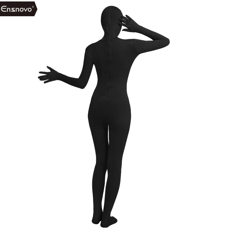 Ensnovo الأسود Zentai البدلة دنة النايلون قطعة واحدة كامل الجسم الدعاوى Zentai زي طويل الأكمام Unitard تأثيري هالوين حزب