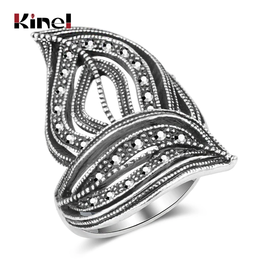 Kinel New Vintage Silver Color Women Multilayer Wide Rings Retro Rhinestone Stack Ring Punk Female Party Jewelry Wholesale