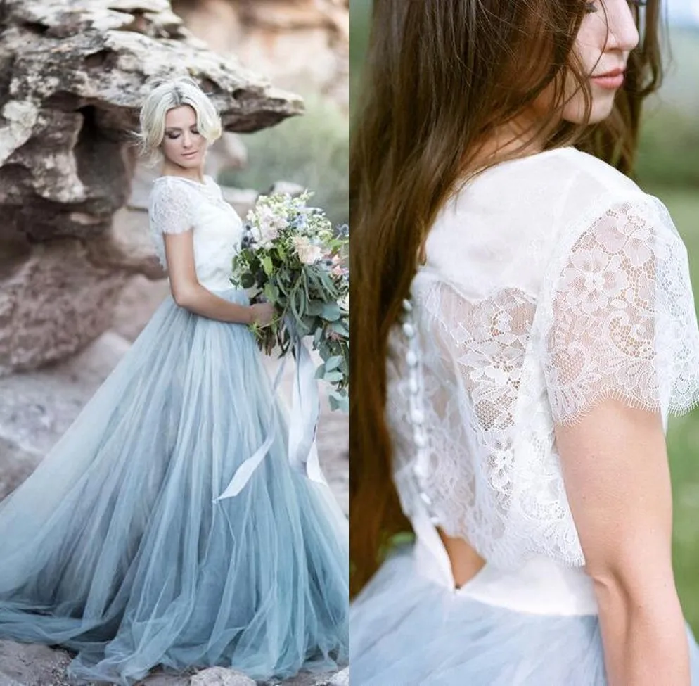 Vestido de noiva bleu clair fée plage Boho dentelle robes de mariée 2019 une ligne Tulle dos nu grande taille bohème robe de mariée