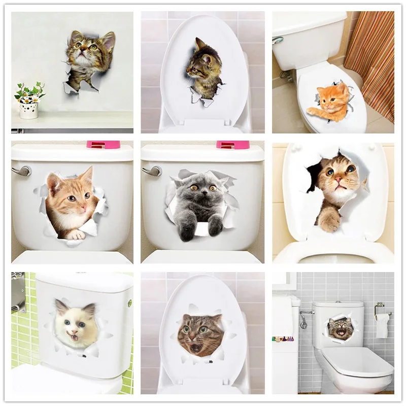 Lovely Kitten Toilet Stickers Wall Decals 3d Hole Cat Animals Mural Art Home Decor Refrigerator Posters