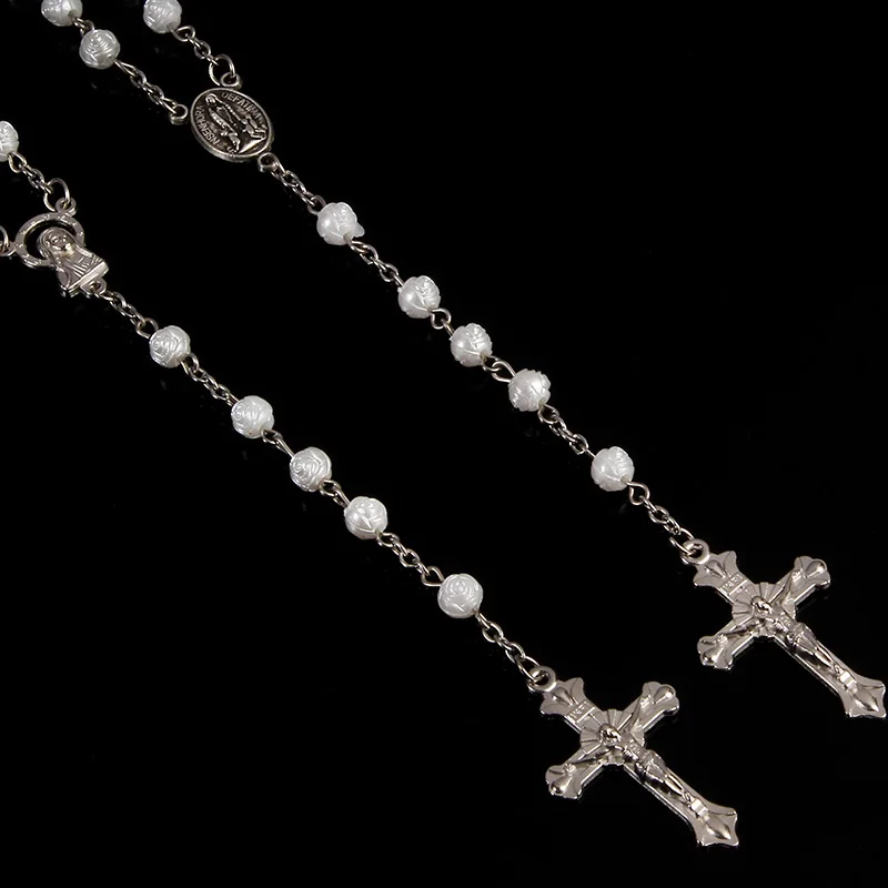 عقد مسبحة كاثوليكية مع لؤلؤ أبيض تقليد ، سلسلة طويلة ، هدية مجوهرات ، يسوع