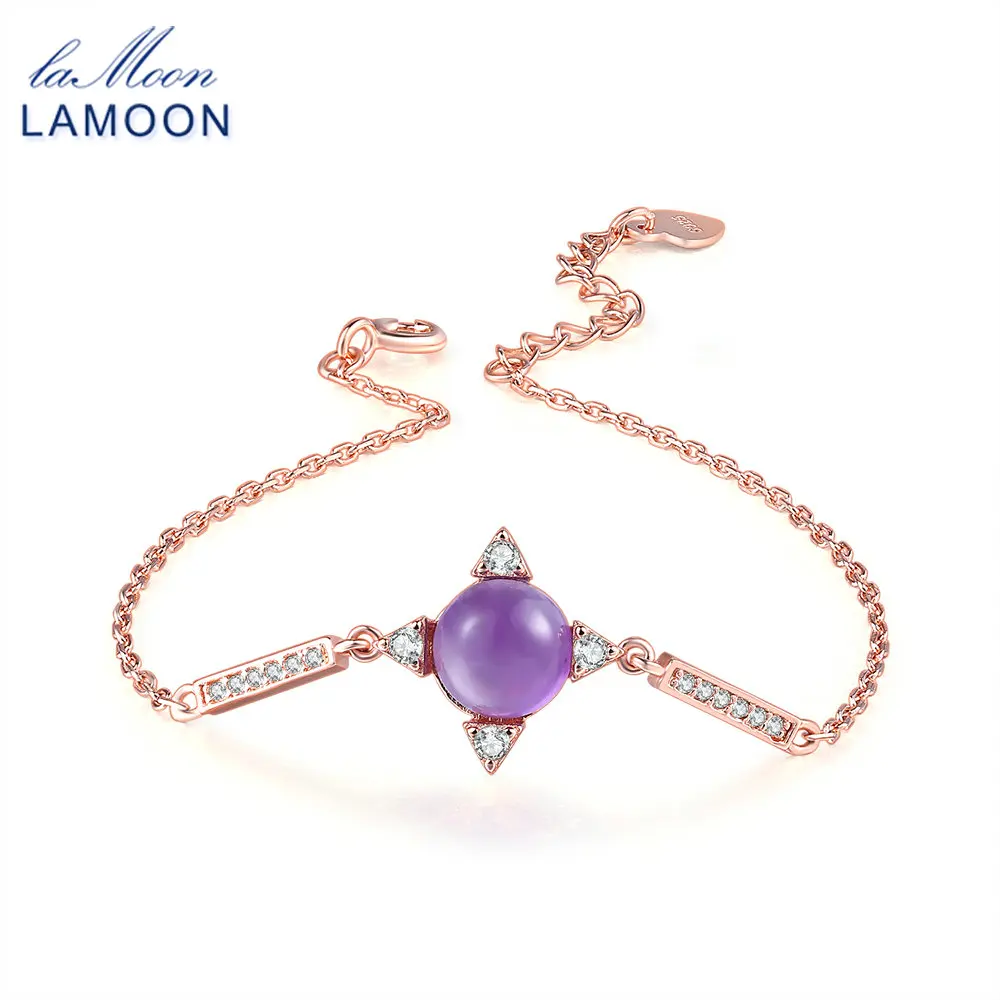 

LAMOON S925 100% Real Natural Amethyst Purple Gemstone Bracelet For Women 925 Sterling Silver Rose Gold Color Fine Jewelry HI009