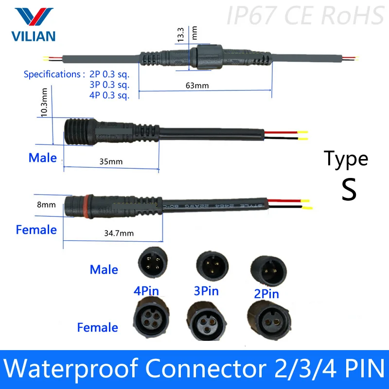 5 pairs Waterproof connector Current 2.4A 2 pin / 3 pin / 4 pin  with wire cable IP67 female to male plug  0.3(mm2)