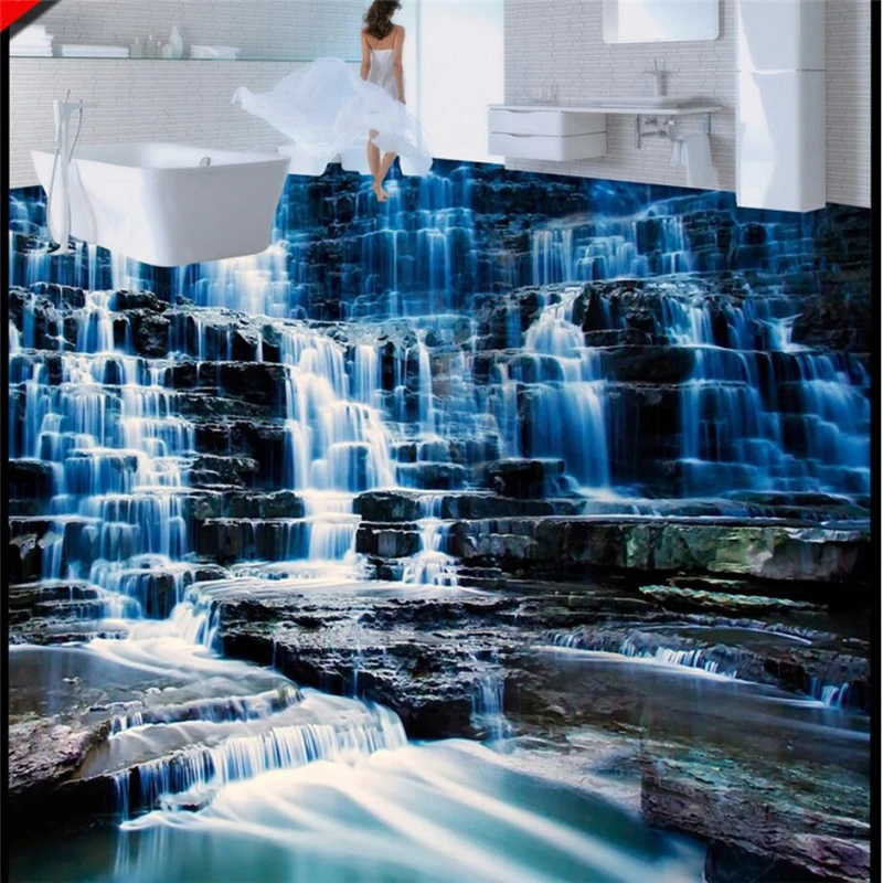 

beibehang Custom 3D landscape waterfalls 3D floor tiles to draw three-dimensional waterproof anti-slip self-adhesive decorative