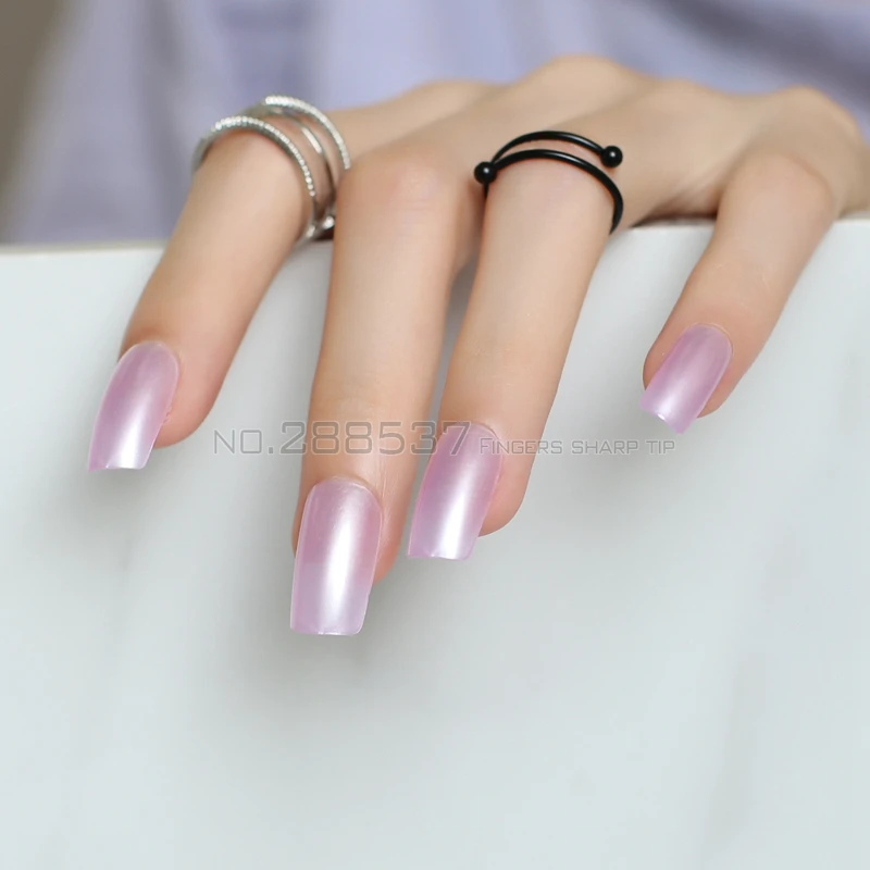 Clear purple square False nails 24pcs New popular rectangular Shell pearl Fake nail Candy color Solid color