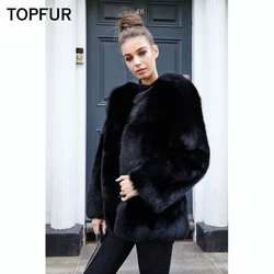 TOPFUR – manteau en vraie fourrure de renard pour femme, vêtement d'extérieur, noir, simple, de haute qualité, à la mode, nouvelle collection hiver 2021