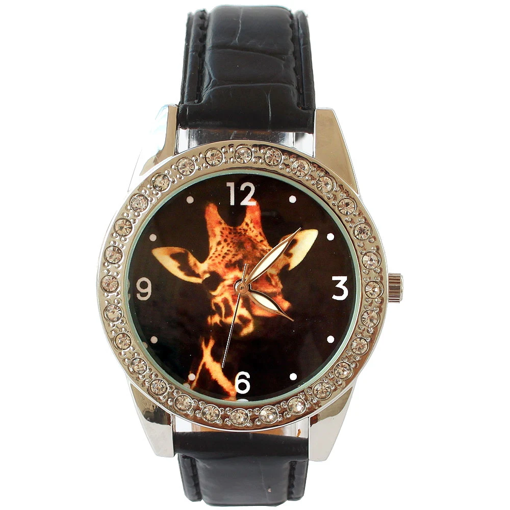 Populer Populer Rhinestones Jerapah Panggil Hewan Watch Kuarsa Berlian Kristal Kulit Tali Arloji Watch Hadiah Watch Clock