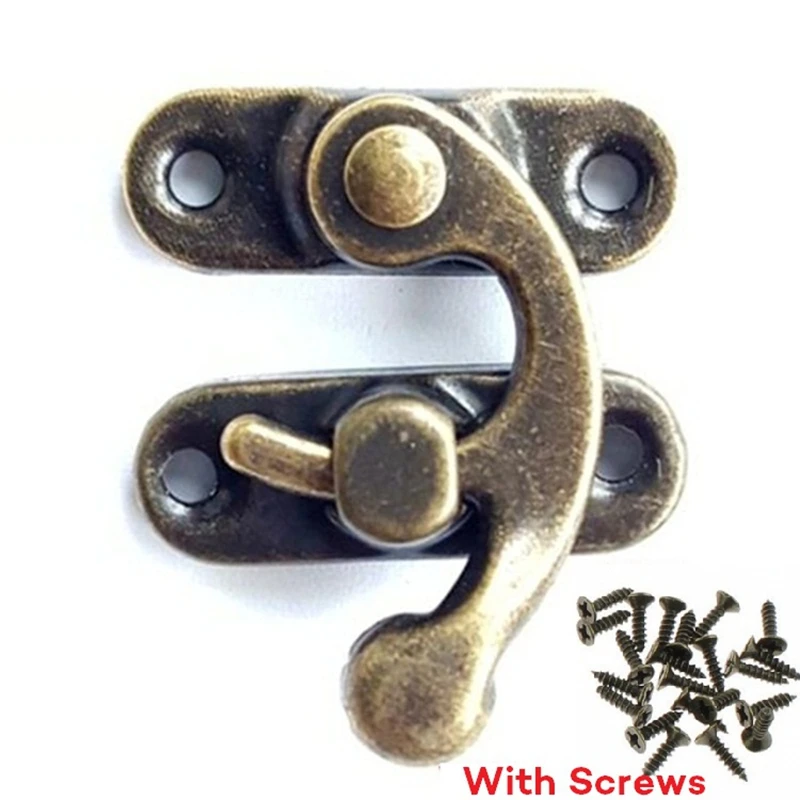 20pcs 28*33mm Bronze Hasps Clasp Buckle Wooden Packing Box Parts Latch Hook Small Shackle Lock Horns Furnitures Deco WITH SCREW