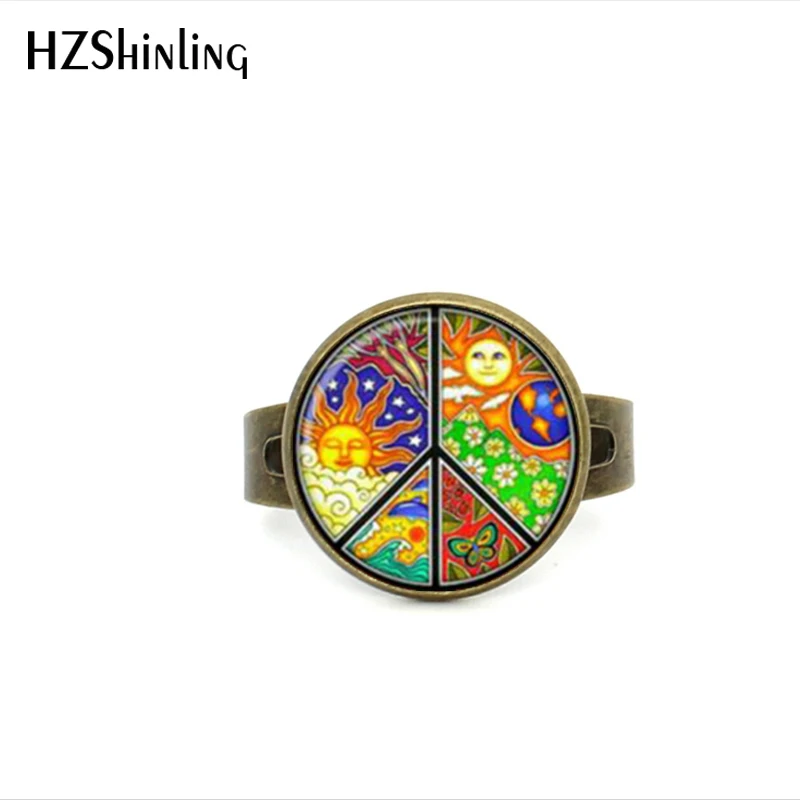 2017 New Style Hippie Peace Adjustable Ring Imagine Peace Jewelry Glass Dome Ring Gifts For Girl Bronze Ring