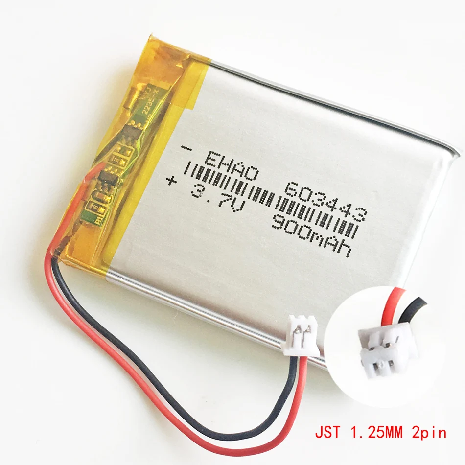 

3.7V 900mAh Battery JST 1.25mm 2pin Connector 603443 Lithium Polymer Li-Po Rechargeable Battery For Mp3 GPS PSP Speaker Recorder