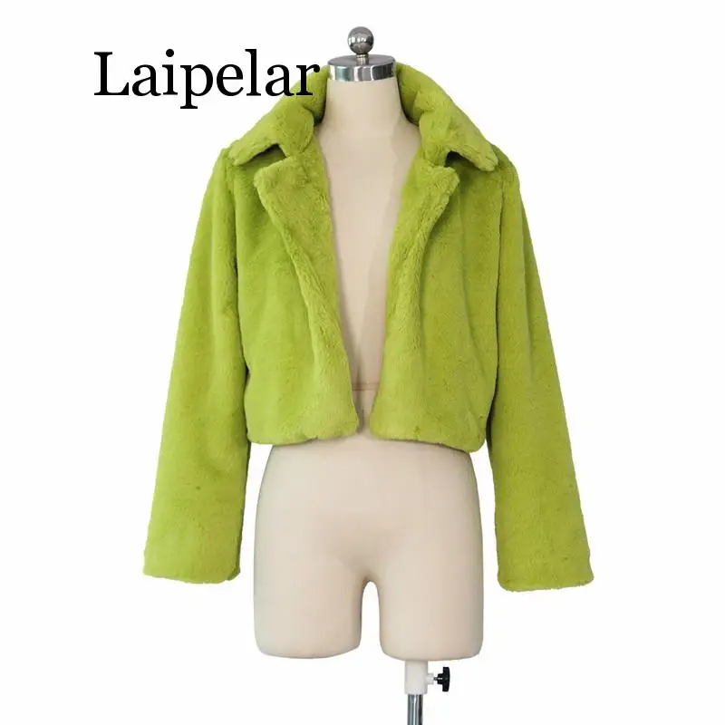 Laipelar-abrigo corto de piel sintética para mujer, chaqueta recortada de color verde lima, de neón fluorescente, cálido, mullido, de peluche, para