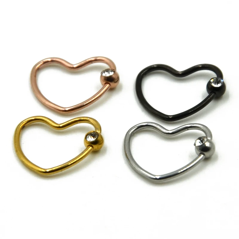 Showlove-2pcs Titanium Anodized CZ Gem Daith Heart Ear Helix Tragus Cartilage Piercing Lip Nose Rings Body Jewelry 16g