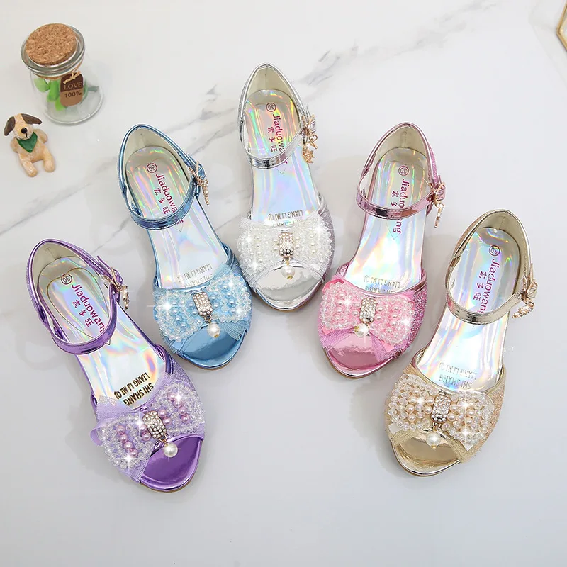 Girls Sandals Rhinestone Bow Latin Dance Shoes 5-13 Years Old Children Sandalias Summer High Heel Princess Shoes Kids Sandals