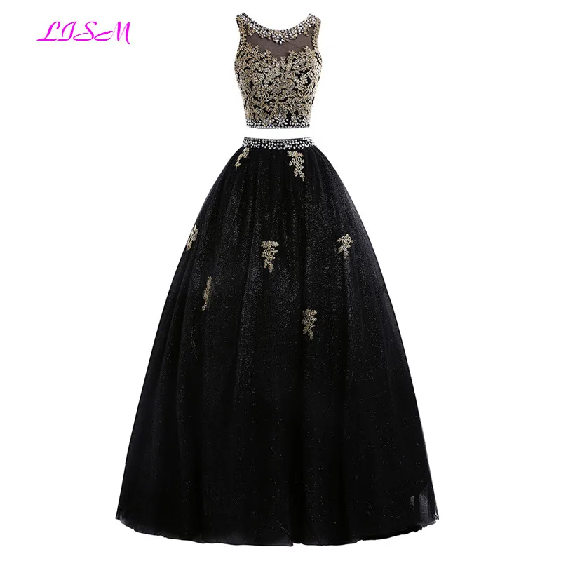 Real Photo Black Two Pieces Ball Gown Quinceanera Dress 2020 Gold Appliques Prom Dress Fashion Long Tulle Crystal Robe de soiree