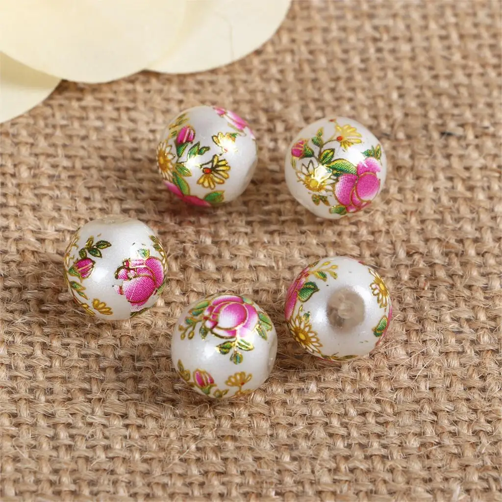 Glass Japan Painting Vintage Japanese Tensha Beads Round Coffee & Pale Lilac Rose Flower Pattern Transparent 12mm 5 PCs