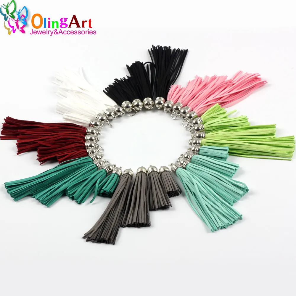 OliangArt 4pcs 4/6/8/10CM Suede Tassel DIY Keychain Cellphone Straps Jewelry making Charms Silver cap Leather Tassels