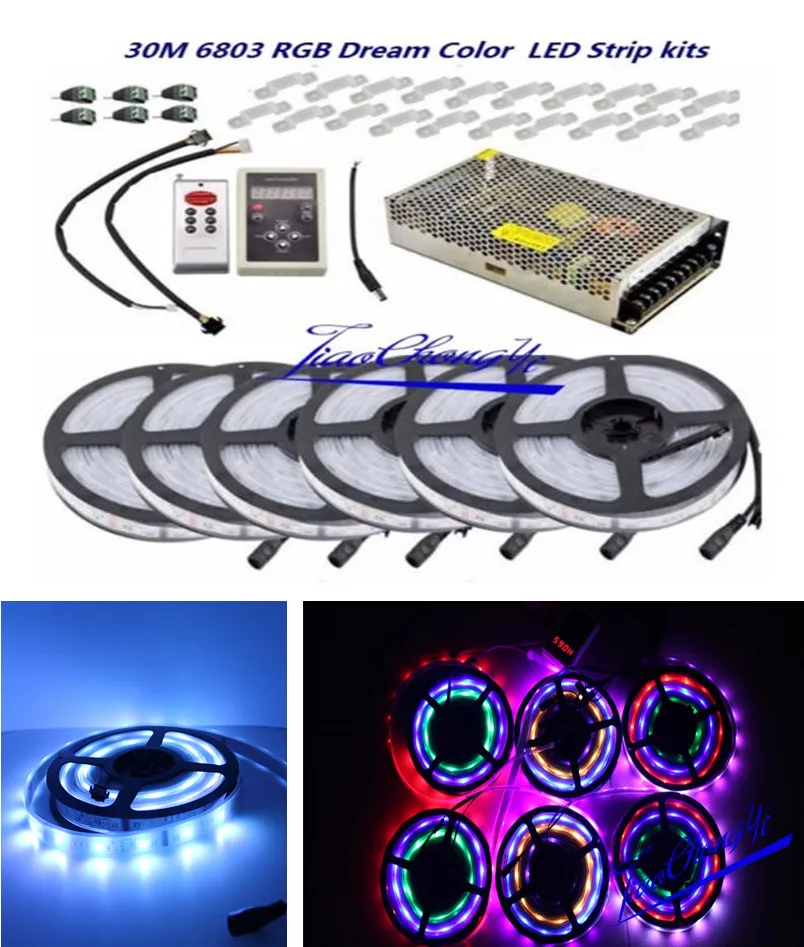 30M 5050 RGB Dream Color 6803 LED Strip white PCB IP67 Waterproof + 6803 RF Remote Controll +Power adapter