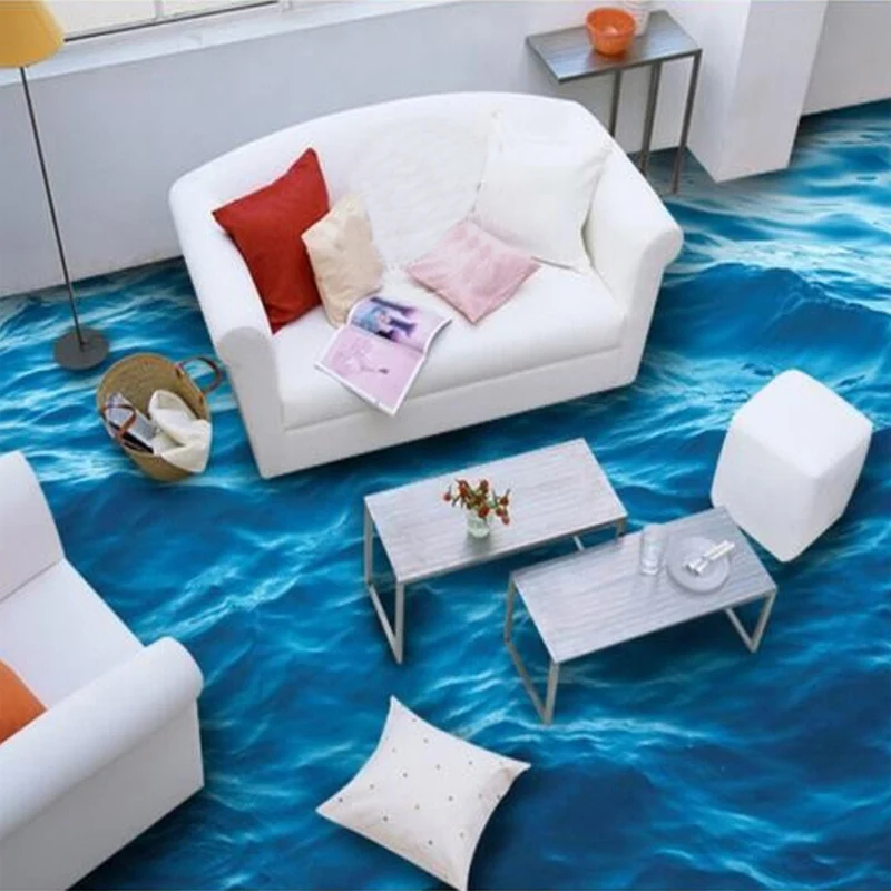 Custom Floor Wallpaper 3D Stereoscopic Ocean Waves Mural Living Room Bathroom PVC Self-adhesive Waterproof Floor Wallpaper Roll