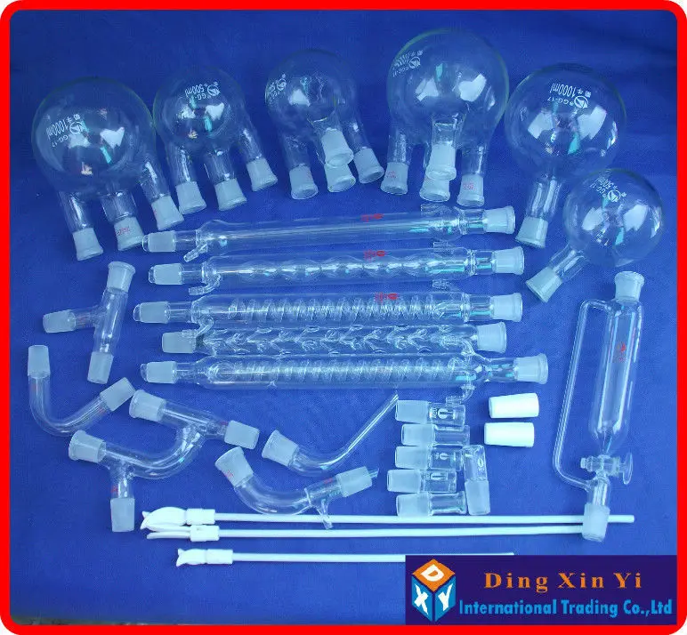 28 pcs Boro 3.3 Glass chemistry Laboratory glassware kit, unità di distillazione sotto vuoto, flask + tubo del condensatore + agitatore in PTFE e