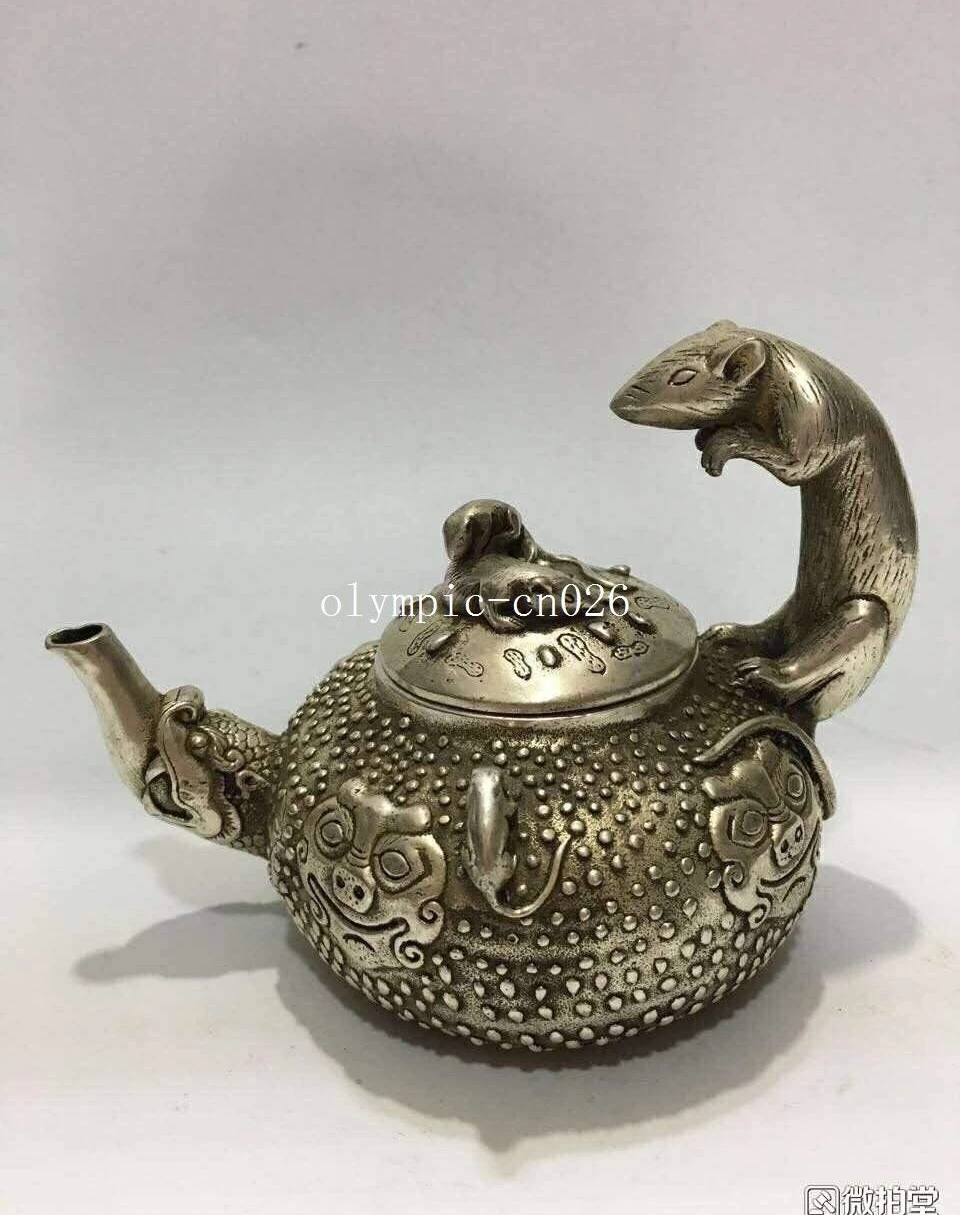 5'' tibetan copper silver-plated carved animal mouse rat dragon teapot cup pot