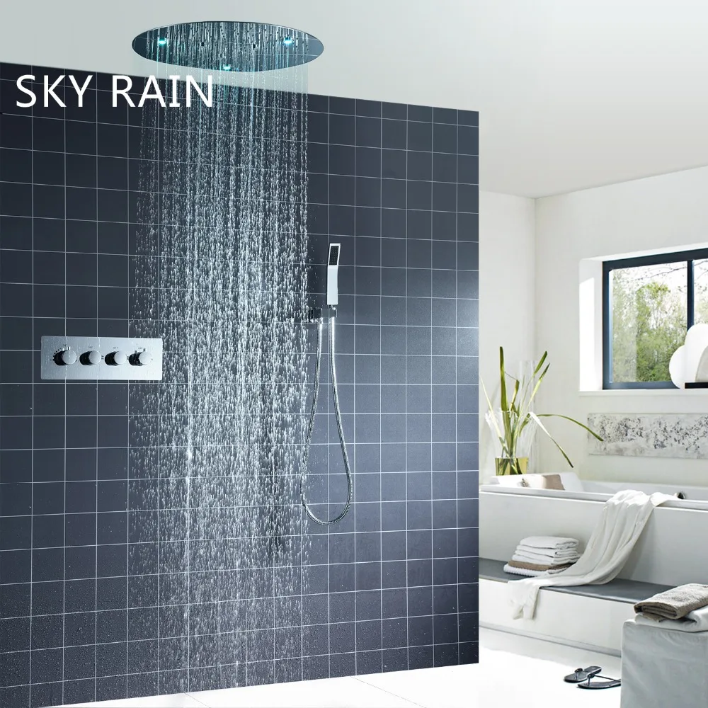 

Bathroom Thermostatic Mixer Valve Ceiling Rainfall 20 Inches Round Ultra Thin Shower Head Panel Faucet System Handheld Shower