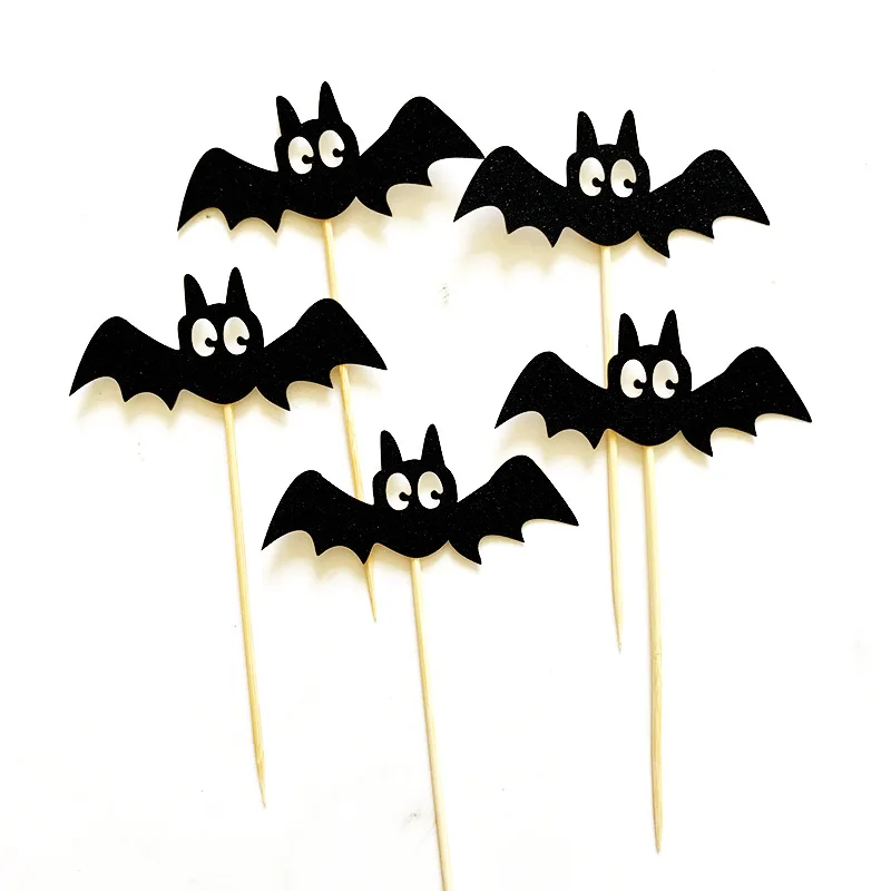 5Pcs Black Bats Halloween Cupcake Toppers Cake Inserted Card For Kids Birthday Cake Decor Halloween Supplies Photo Props